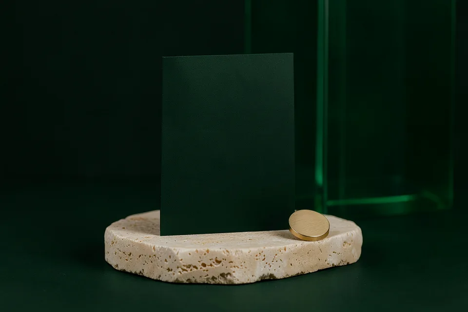 Emerald and champagne material study representing points and choice